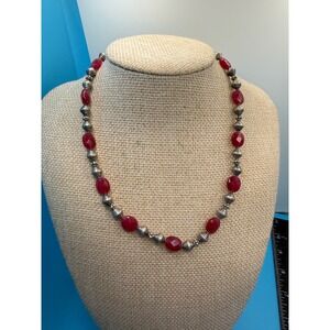 Vintage Red Faceted Stone Beaded Necklace Silver Tone Ribbed Spacers 17.5 Inch